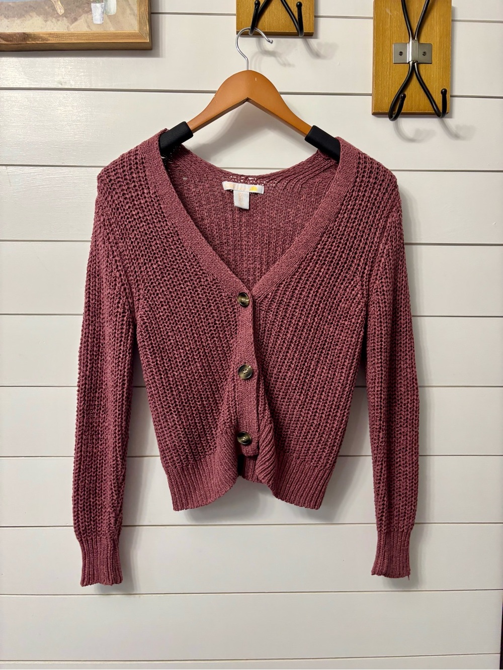 C&C California Rose-Mauve Waffle Knit V-Neck Button Cardigan